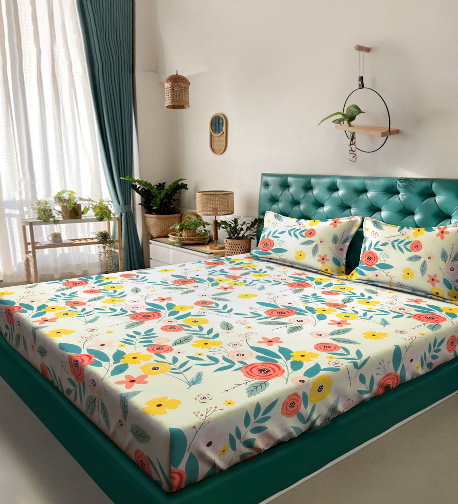 Multicolor Floral 300 TC Poly Cotton Double Bedsheet with 2 Pillow Covers