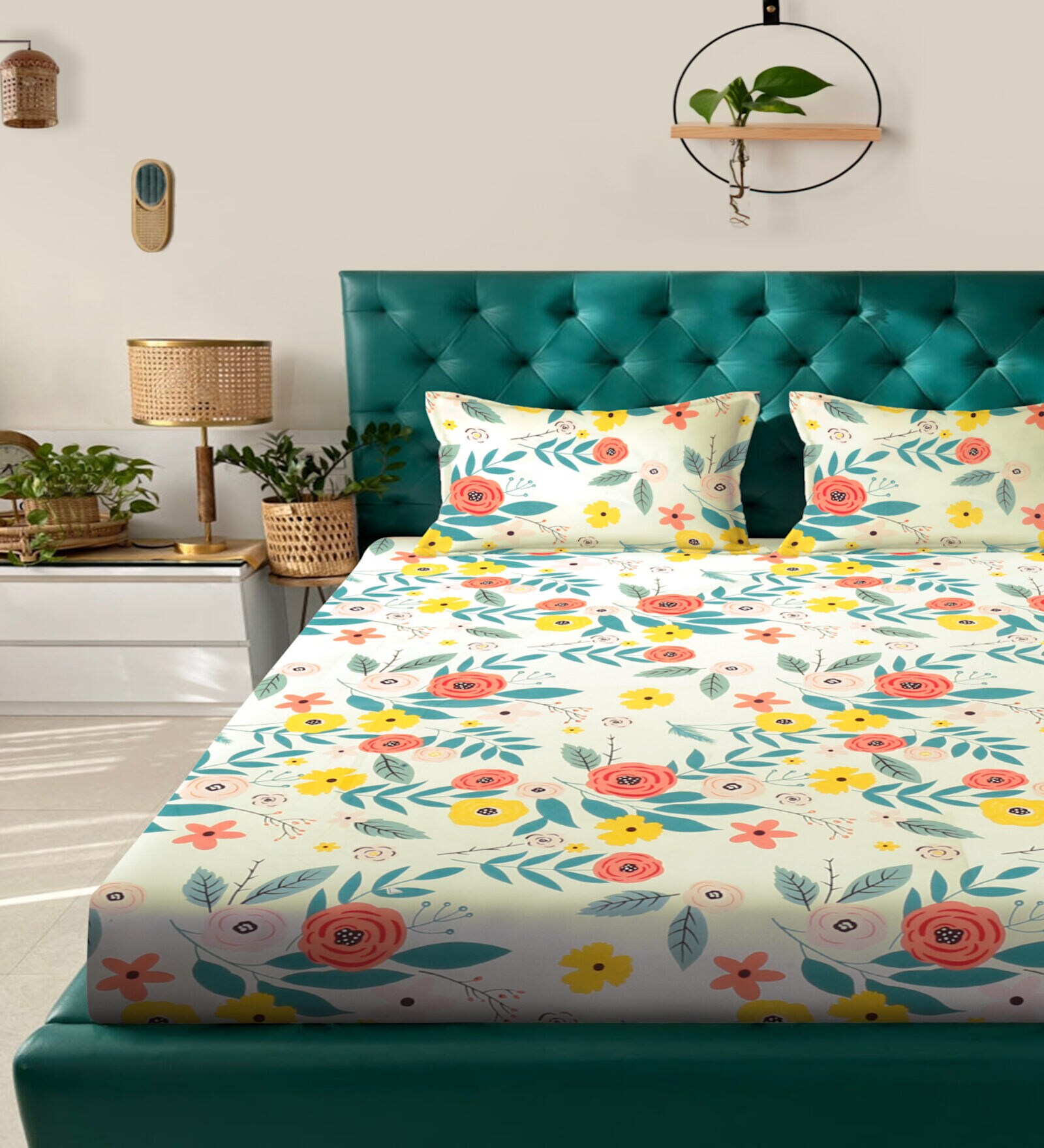 Multicolor Floral 300 TC Poly Cotton Double Bedsheet with 2 Pillow Covers
