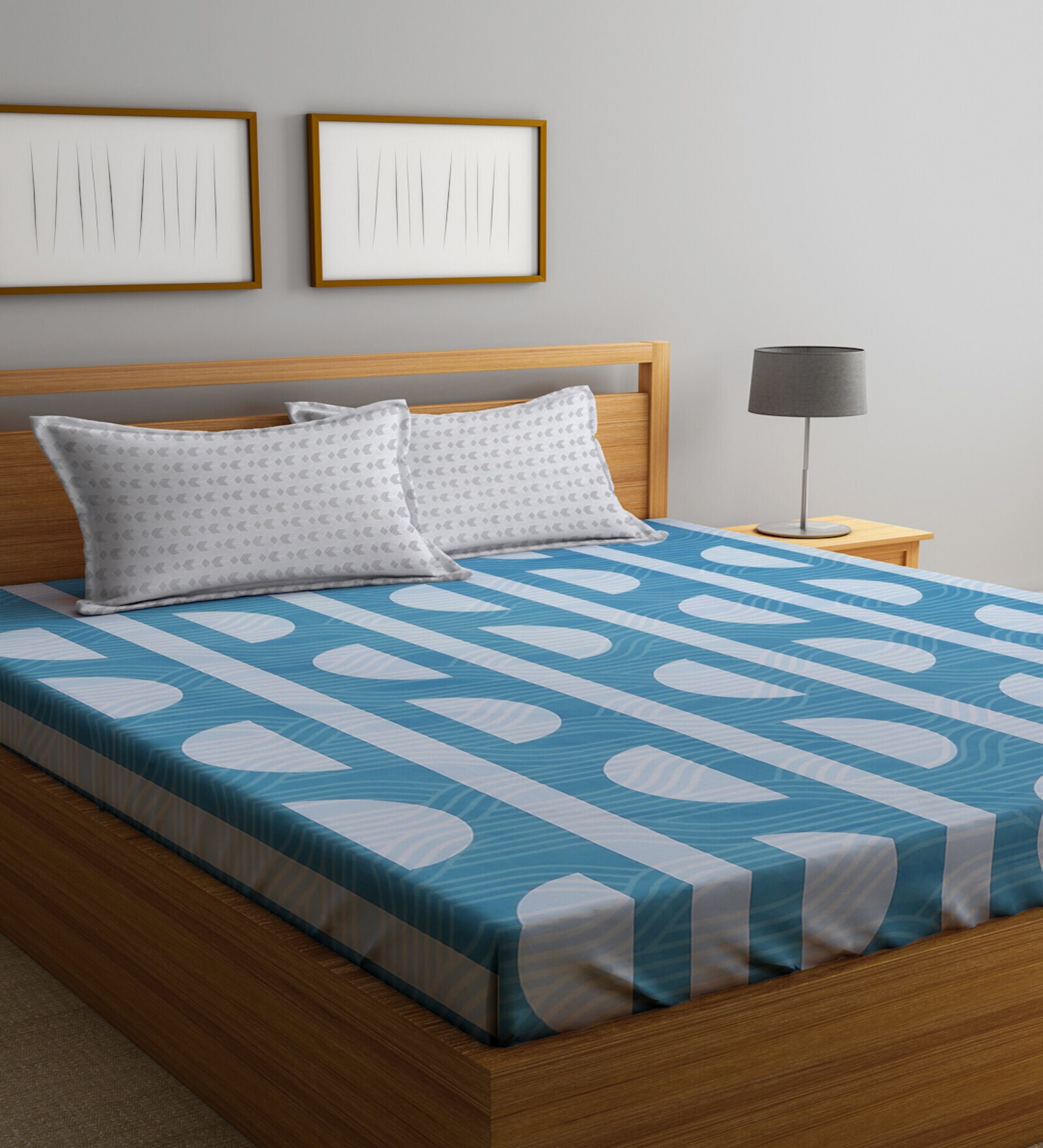 Blue Geometric 300 TC Poly Cotton  Double Bedsheet with 2 Pillow Covers