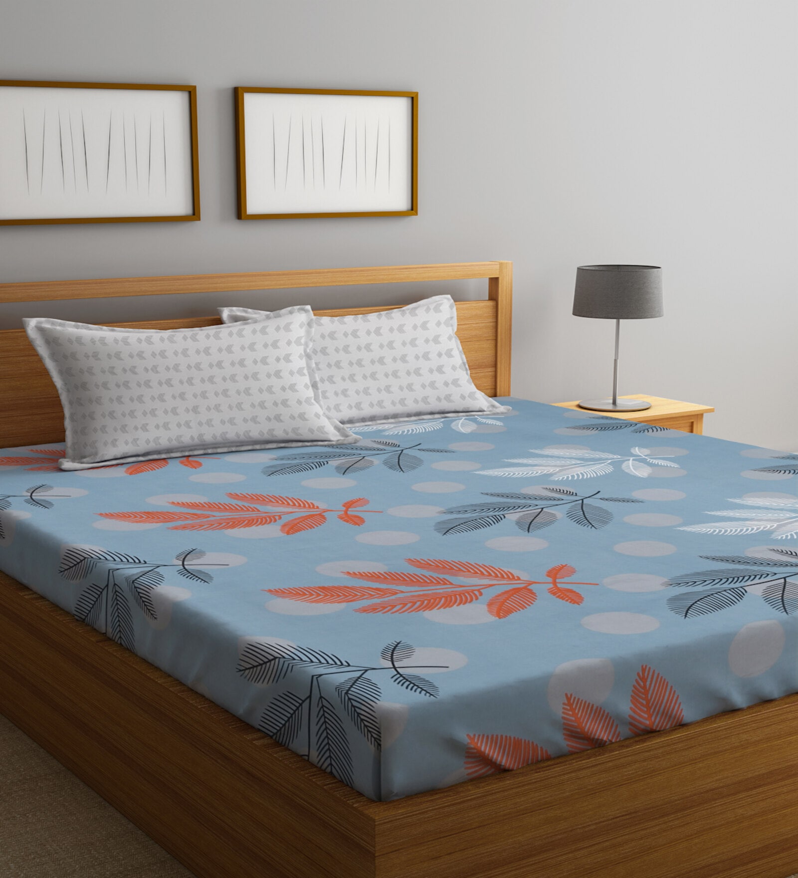 Blue Floral 300 TC Poly Cotton  Double Bedsheet with 2 Pillow Covers