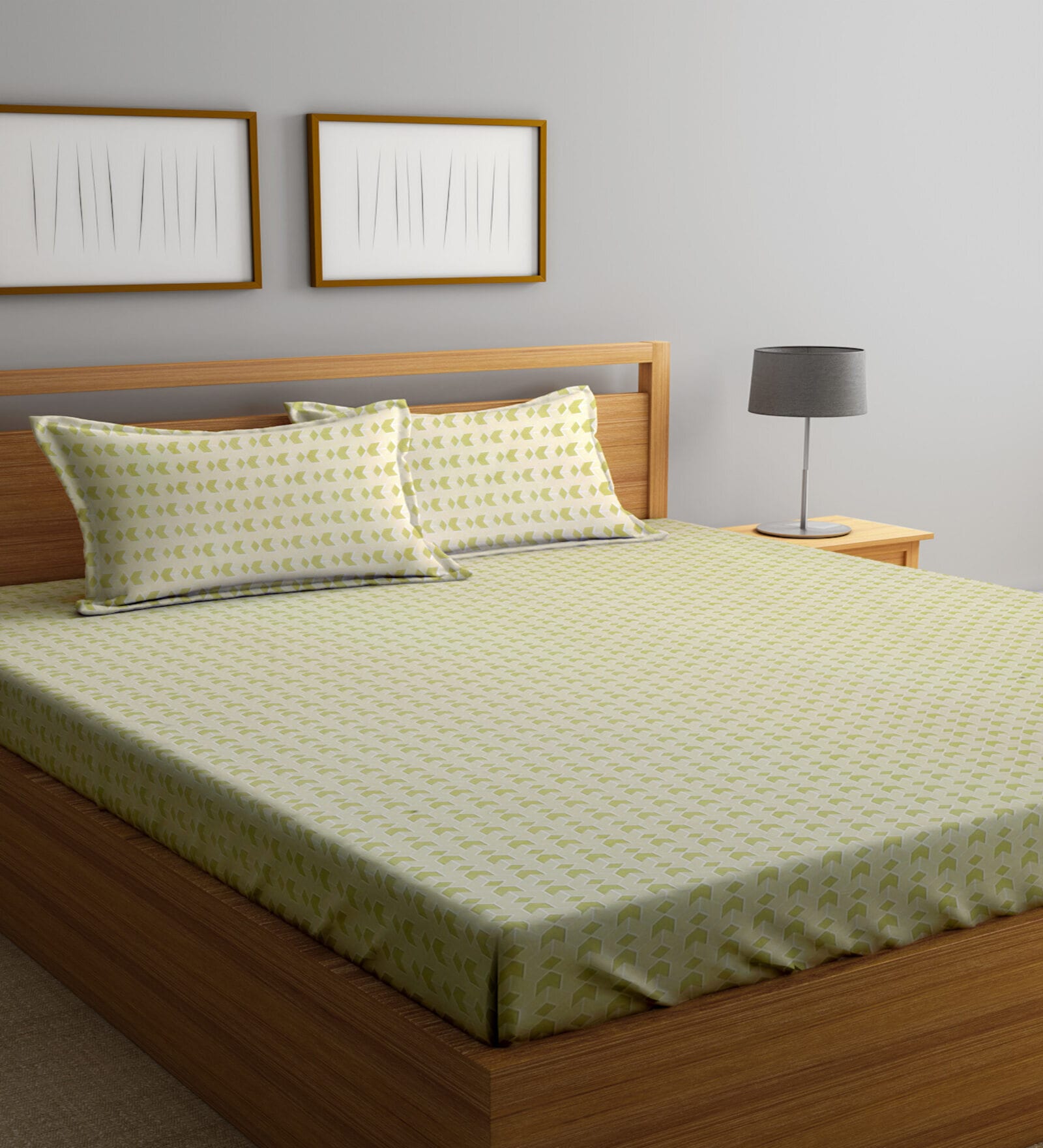 Olive Geometric 300 TC Poly Cotton  Double Bedsheet with 2 Pillow Covers