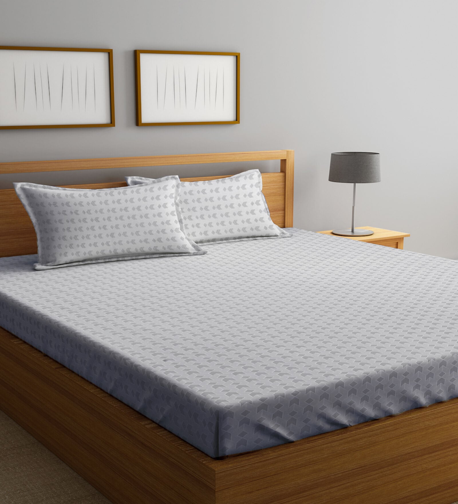 Grey Geometric 300 TC Poly Cotton Double Bedsheet with 2 Pillow Covers