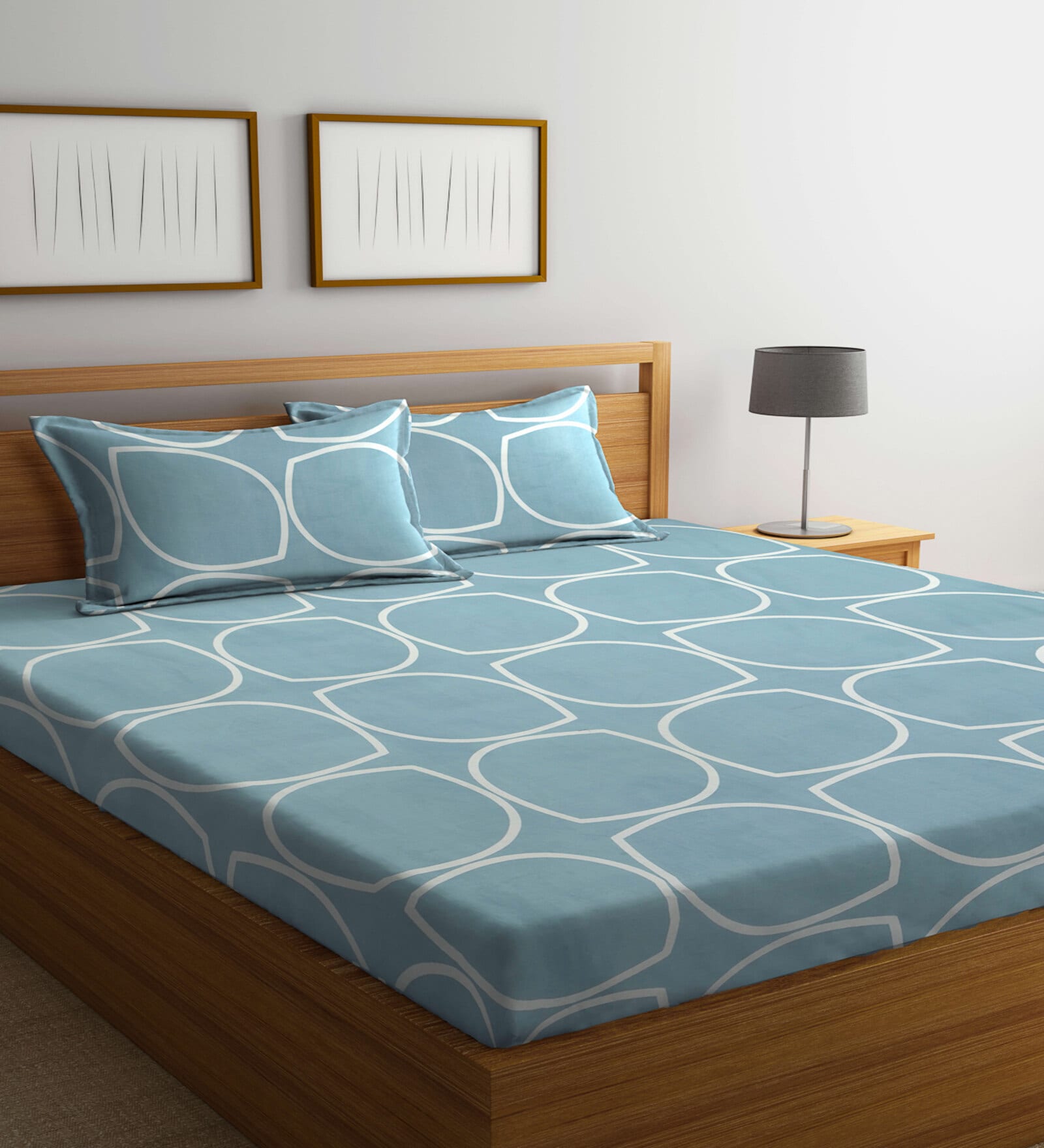Sky Blue Geometric 300 TC Poly Cotton  Double Bedsheet with 2 Pillow Covers