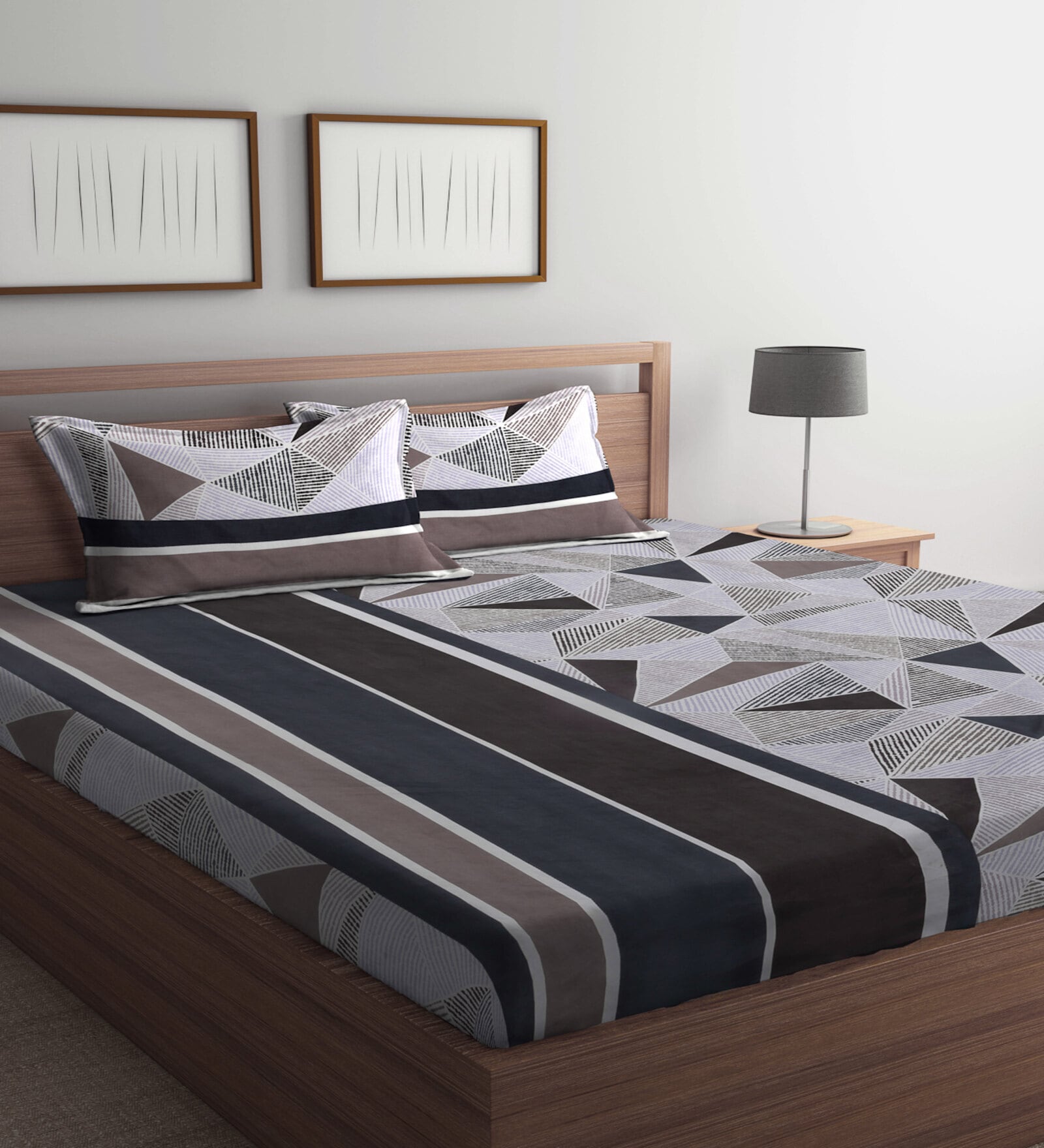 Multicolor Geometric 300 TC Poly Cotton Double Bedsheet with 2 Pillow Covers