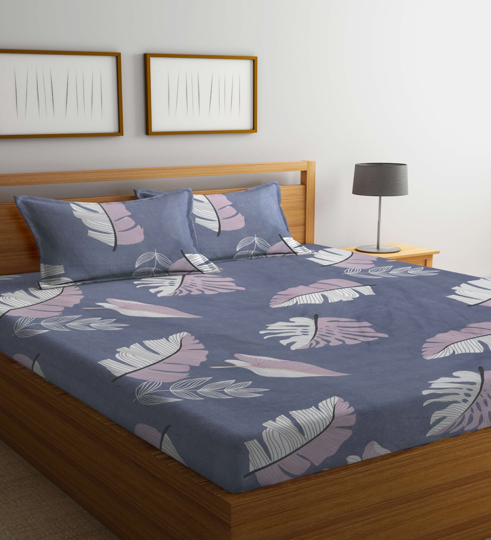 Blue Floral 300 TC Poly Cotton Double Bedsheet with 2 Pillow Covers