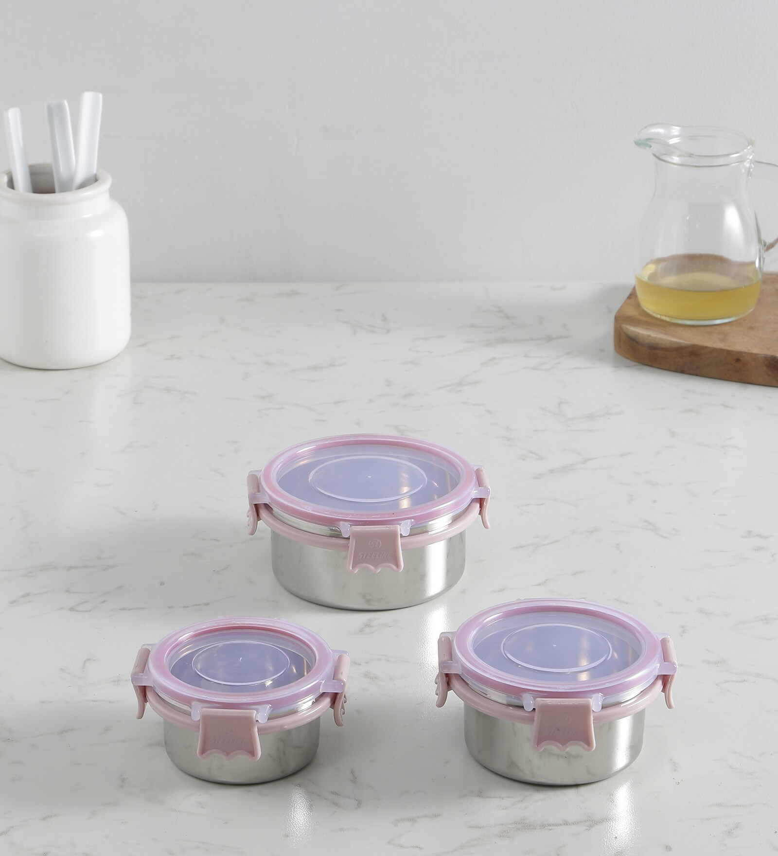 Clear Lock Series Regular Stainless Steel (Set of 3 ) Airtight Container with Leak Proof lid