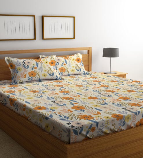 Multicolor Floral 300 TC Poly Cotton  Double Bedsheet with 2 Pillow Covers by Klotthe