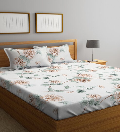 White and Brown Floral 300 TC Poly Cotton Double Bedsheet with 2 Pillow Covers by Klotthe-picture-24