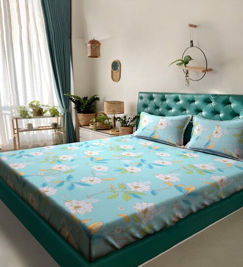 Blue Floral 300 TC Poly Cotton  Double Bedsheet with 2 Pillow Covers by Klotthe