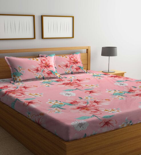 Multicolor Floral 300 TC Poly Cotton  Double Bedsheet with 2 Pillow Covers by Klotthe