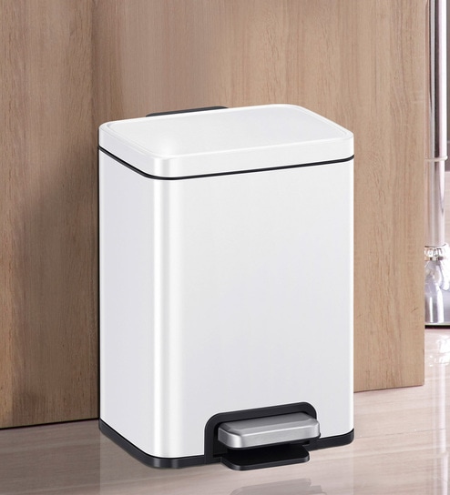 White 6L Compact Step Trash Can Matte White Rectangular Pedal Bin with Lid & Removable Inner Basket