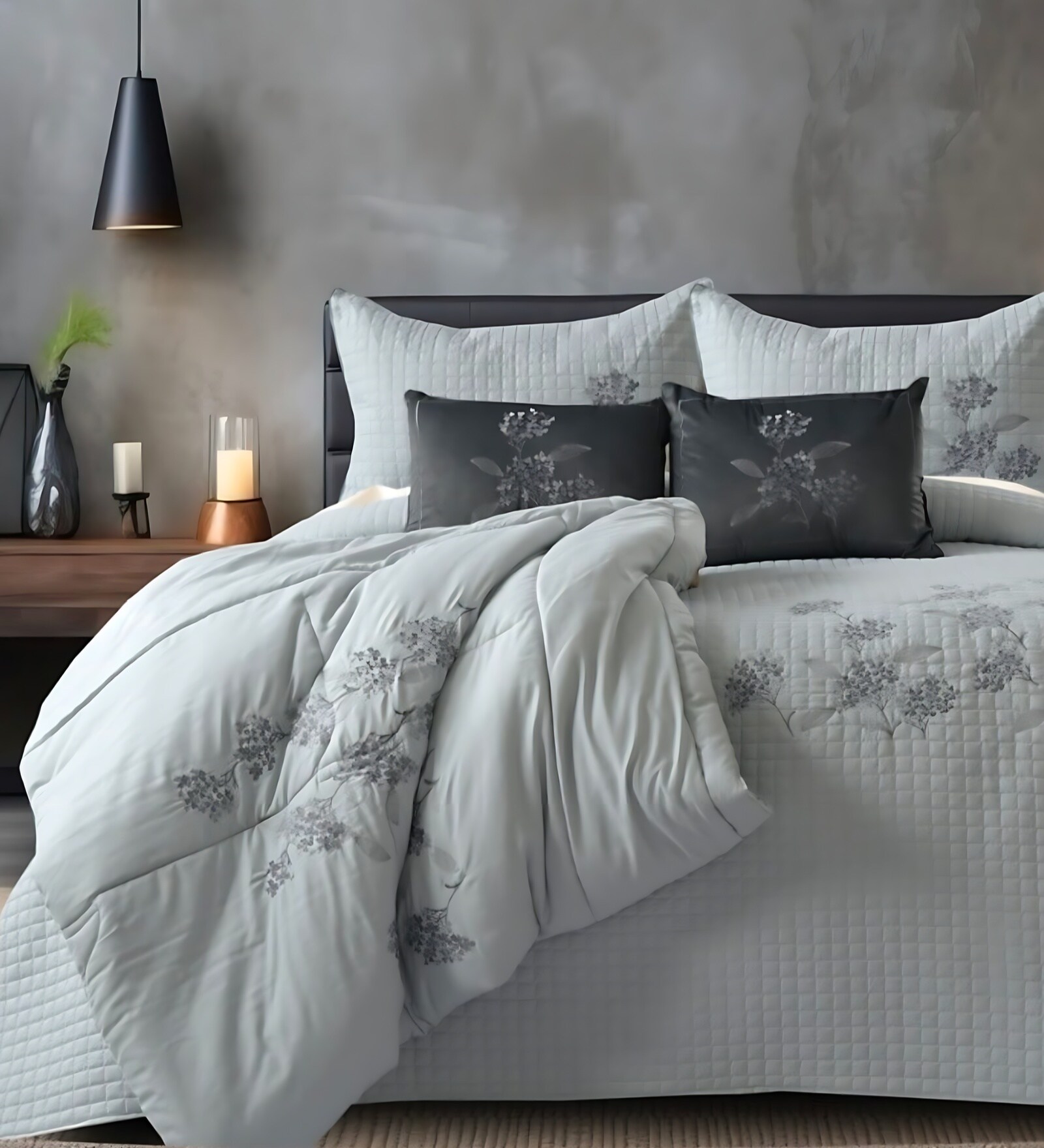 6Pc Ash Grey Ebroidered Comforter Bundle With Quilted Bedcover,Pillow Shams & Cushions