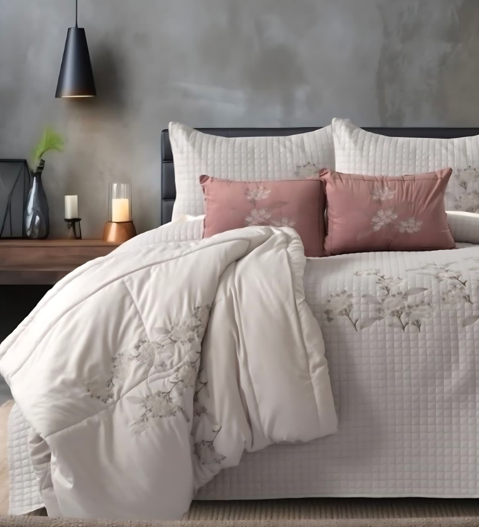 6Pc Cloud Pink Ebroidered Comforter Bundle With Quilted Bedcover,Pillow Shams & Cushions
