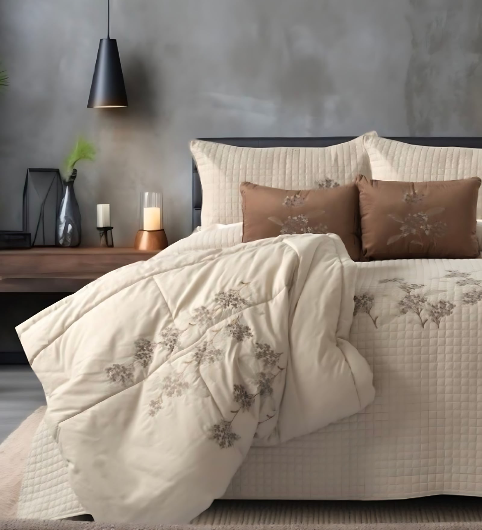 6Pc Oat Milk Ebroidered Comforter Bundle With Quilted Bedcover,Pillow Shams & Cushions
