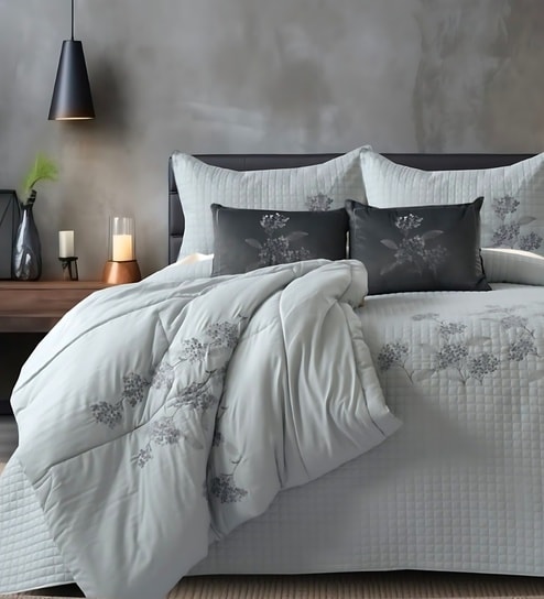 6Pc Ash Grey Ebroidered Comforter Bundle With Quilted Bedcover,Pillow Shams & Cushions