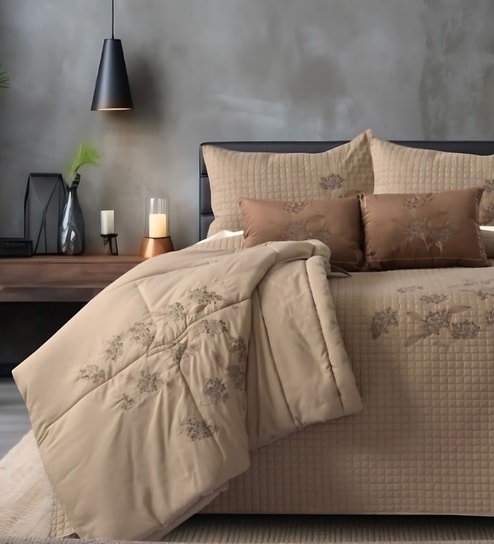 6Pc Sand Ebroidered Comforter Bundle With Quilted Bedcover,Pillow Shams & Cushions