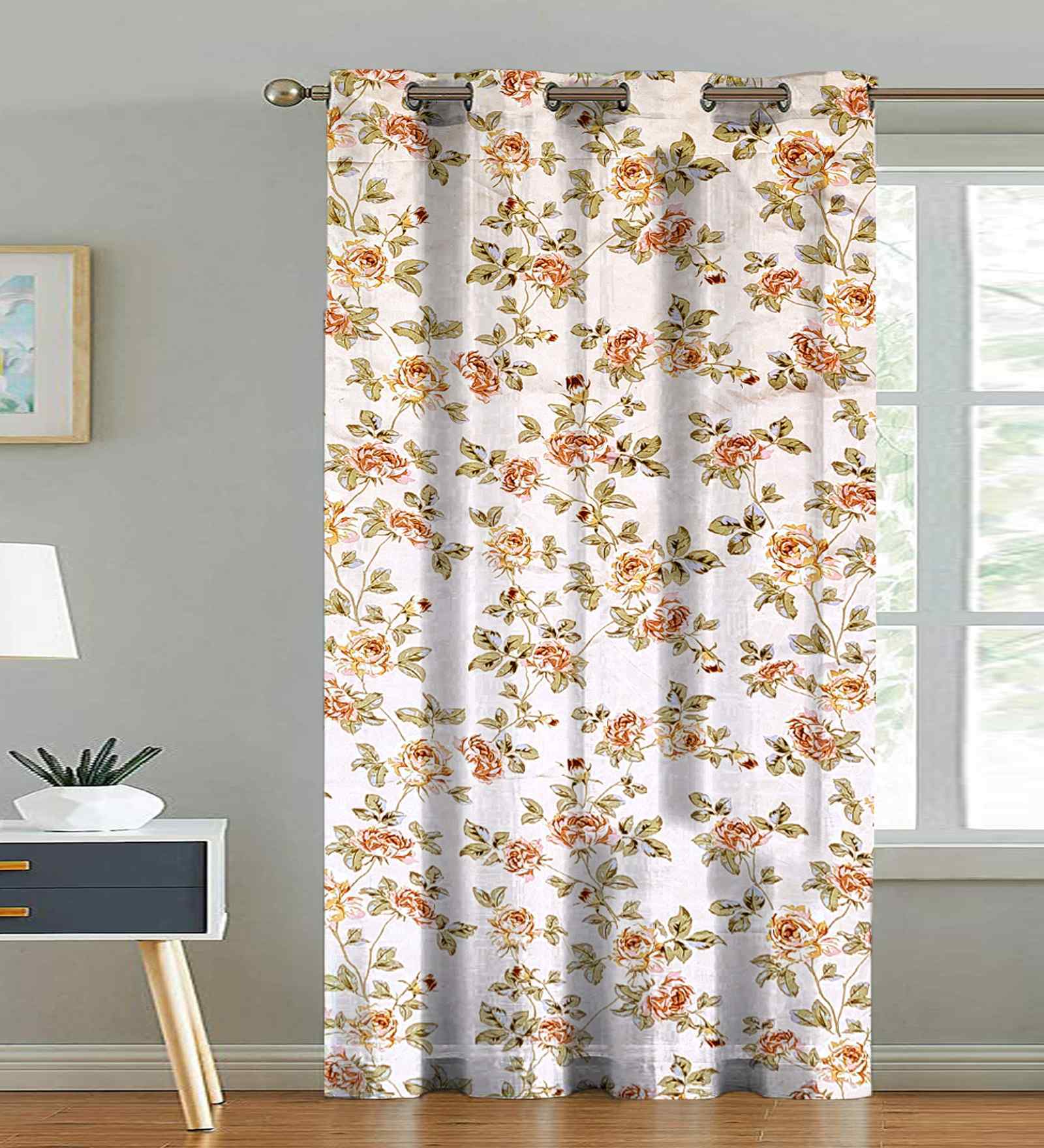 Beige Cotton Floral 7ft Eyelet Door Curtain (1 Pc)