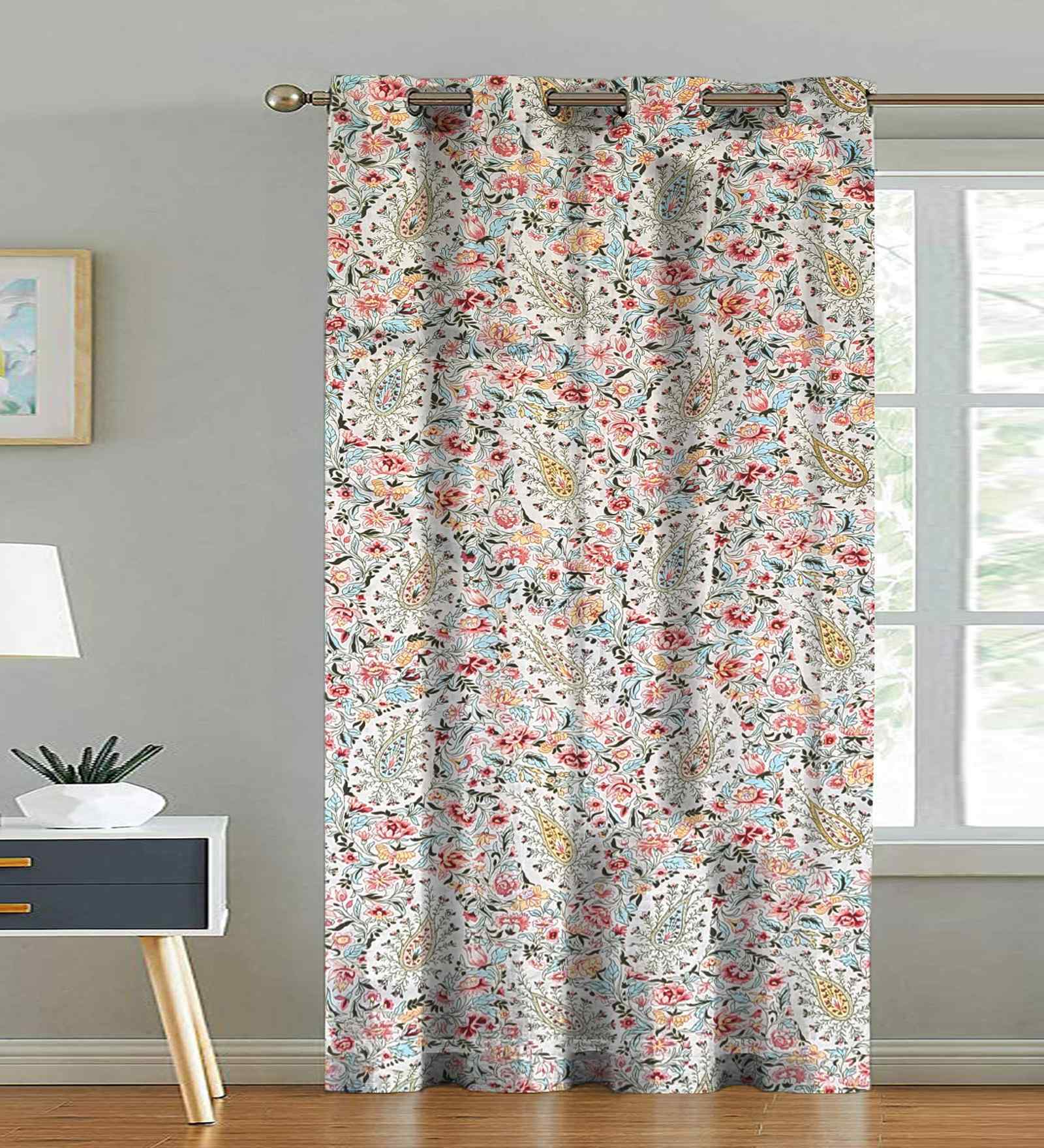 Beige Cotton Floral 7ft Eyelet Door Curtain (1 Pc)