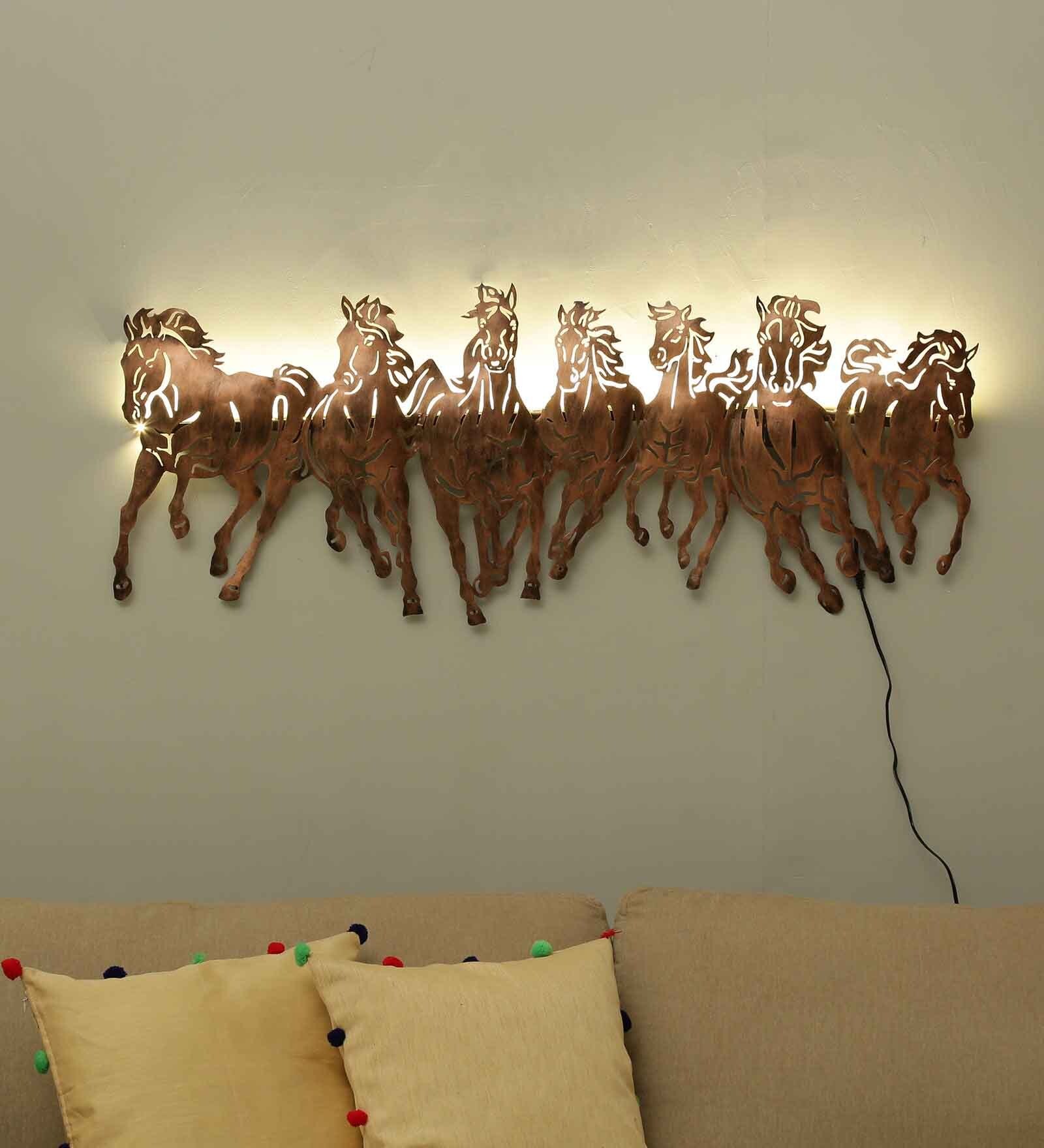 Buy Iron 7 Running Horse Wall Art With LED In Copper By Mahalaxmi Art