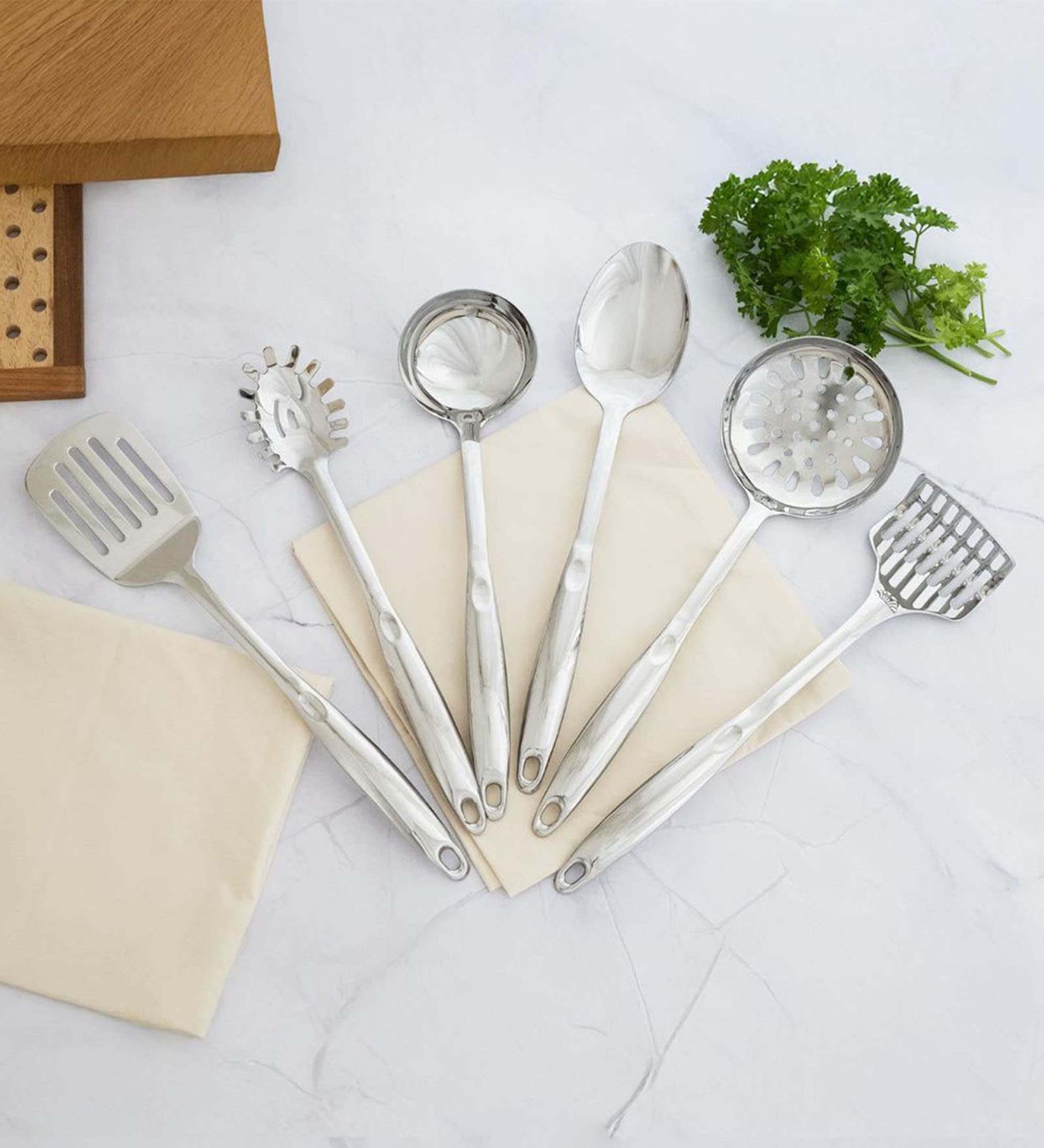 7-Piece Kitchen Tool Set | Stainless Steel Cooking Utensils with Stand | Includes Ladle, Pasta Server, Potato Masher, Skimmer, Slotted Turner & Serving Spoon