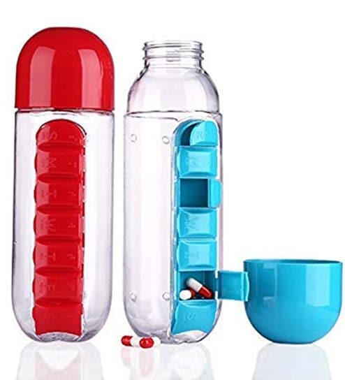7 Compartment Pill Box with 600ml Water Bottle Plastic Organizer (Transparent/Blue)
