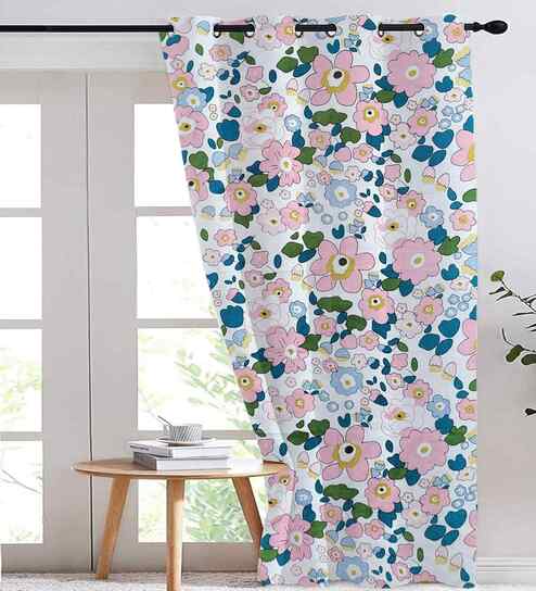 Beige Cotton Floral 7ft Eyelet Door Curtain (1 Pc)