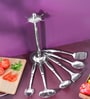 7-Piece Kitchen Tool Set | Stainless Steel Cooking Utensils with Stand | Includes Ladle, Pasta Server, Potato Masher, Skimmer, Slotted Turner & Serving Spoon