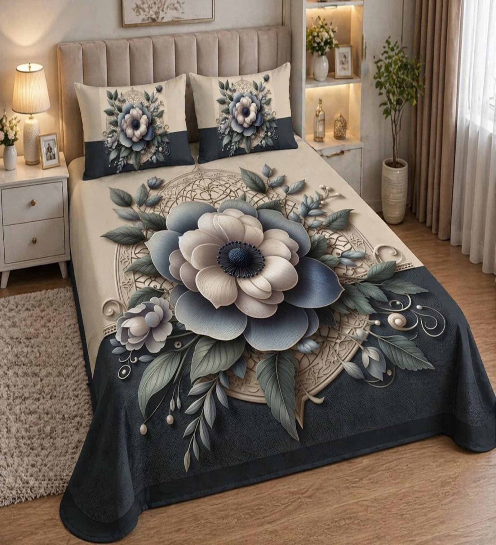 Green 7D Digital Printed Floral Queen Size Bedsheet Sheet with 2 Matching Pillow Covers