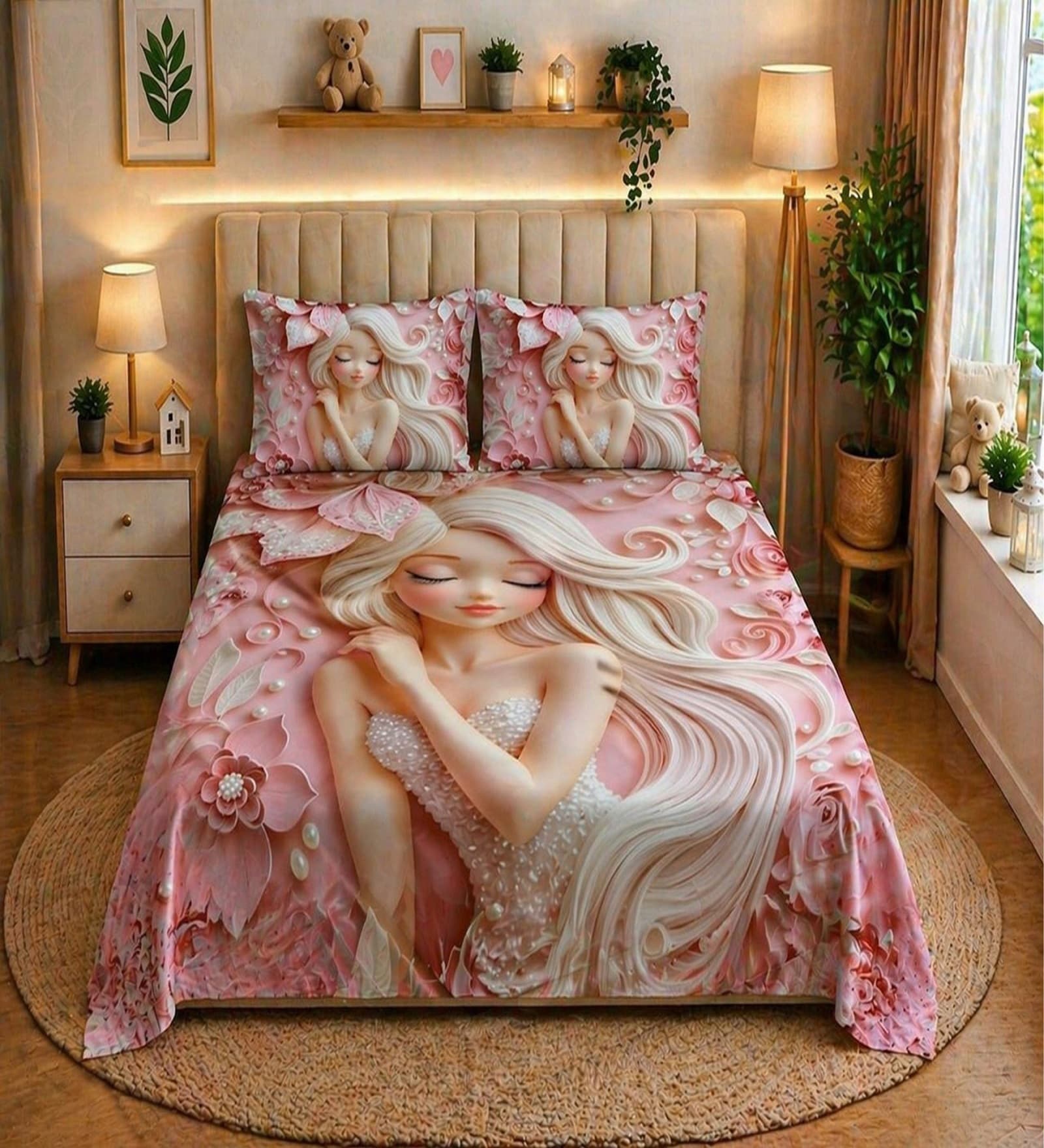 Pink 7D Digital Printed Girl Queen Size Bedsheet Sheet & 2 Pillow Covers