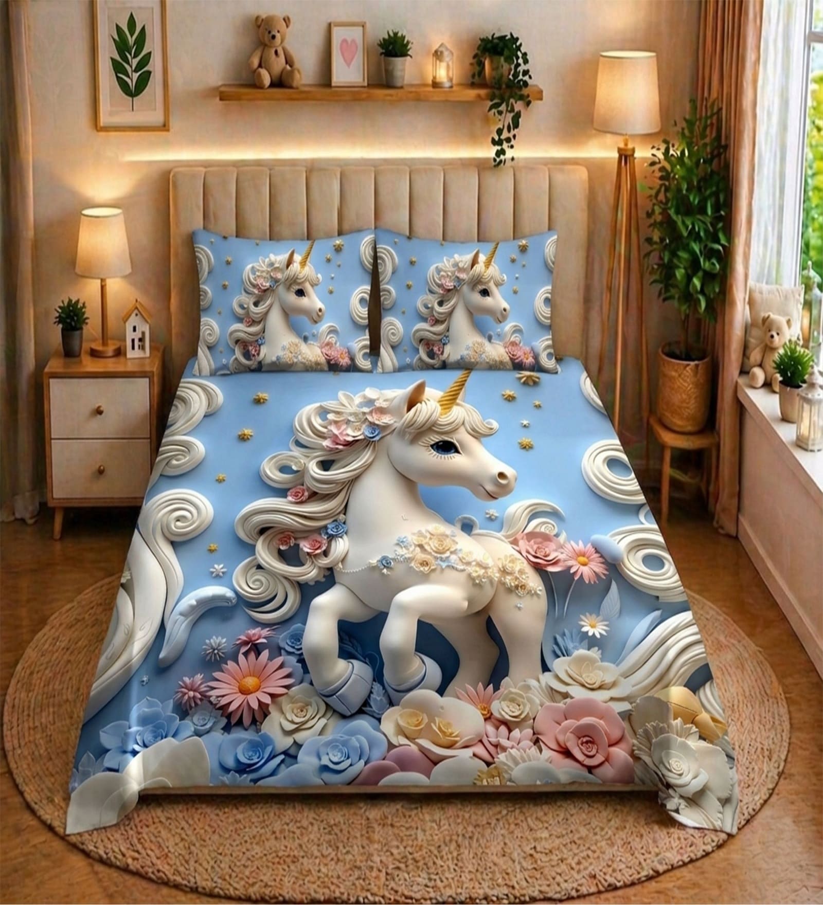 Blue 7D Digital Printed Unicorn Queen Size Bedsheet Sheet with 2 Matching Pillow Covers