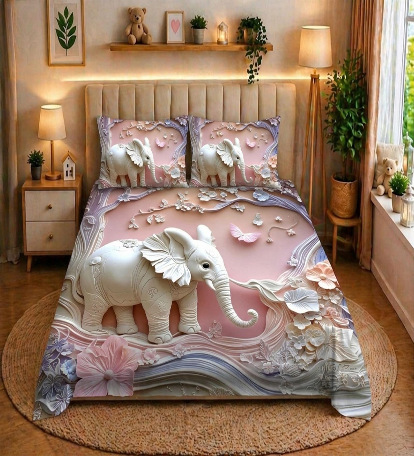Purple 7D Digital Printed Elephant Queen Size Bedsheet Sheet with 2 Matching Pillow Covers