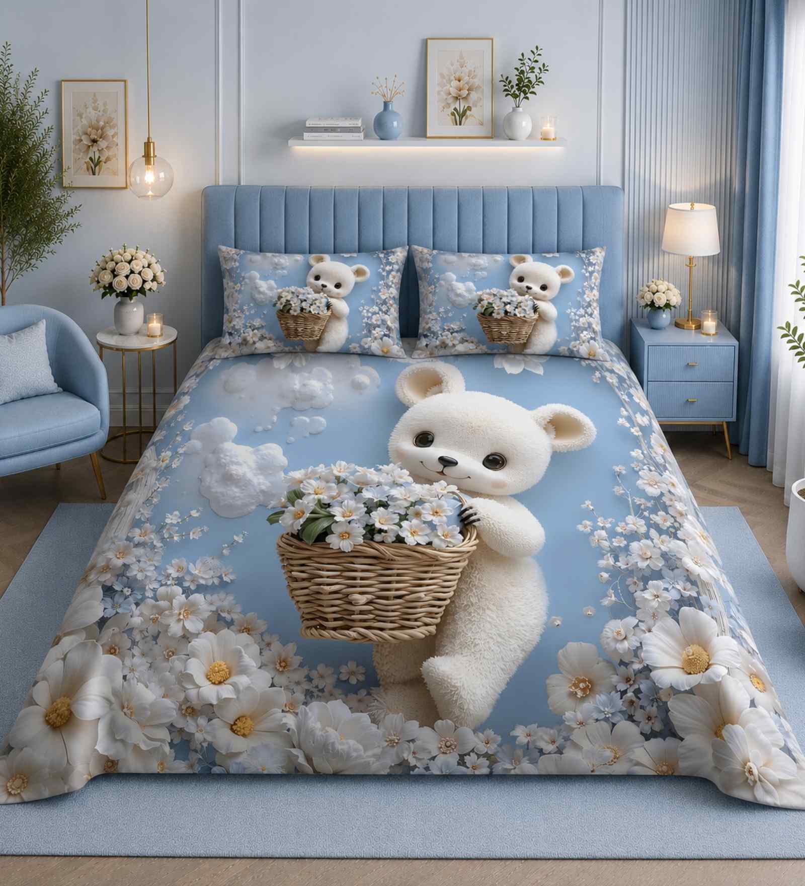 7D Printed Blue Teddy Microfiber Queen Size Double Bedsheet with Pillow Covers