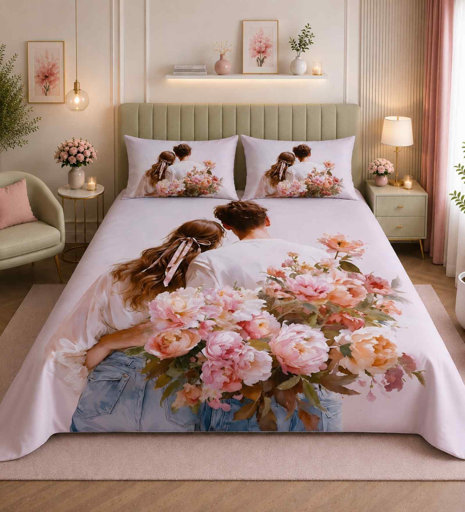7D Printed Couple Microfiber Queen Size Double Bedsheet with Pillow Covers