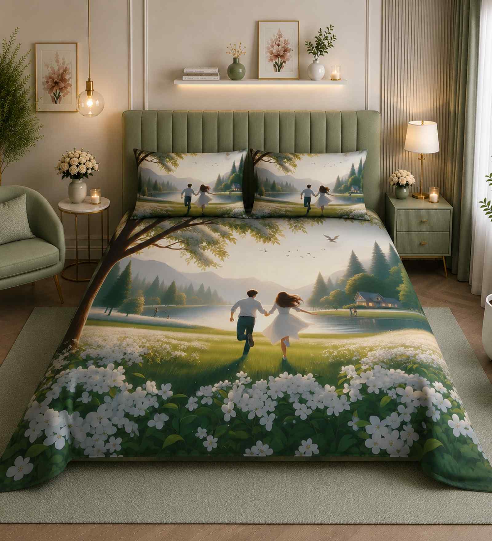 7D Printed Couple Microfiber Queen Size Double Bedsheet with Pillow Covers
