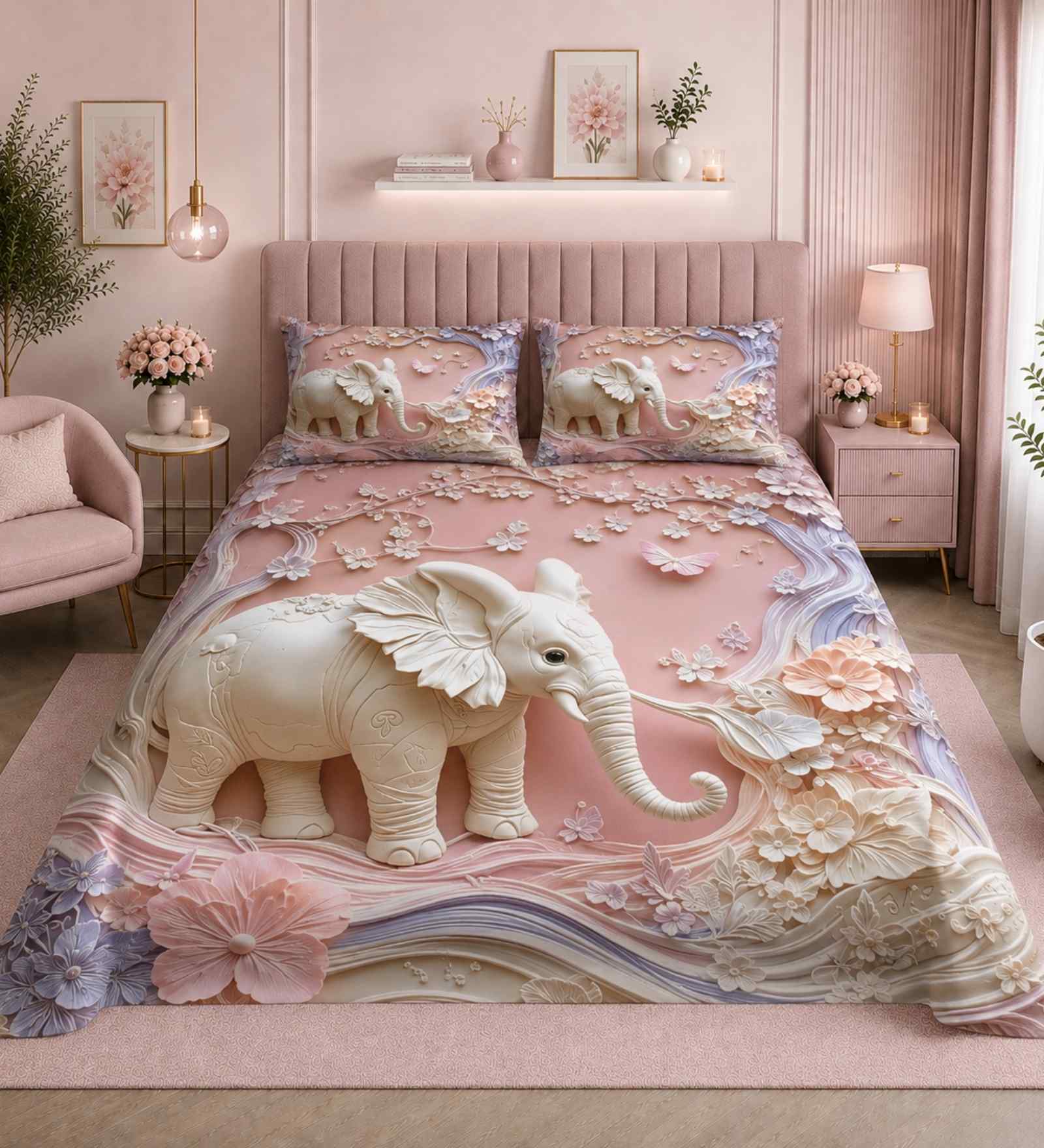 7D Printed Elephant Microfiber Queen Size Double Bedsheet with Pillow Covers