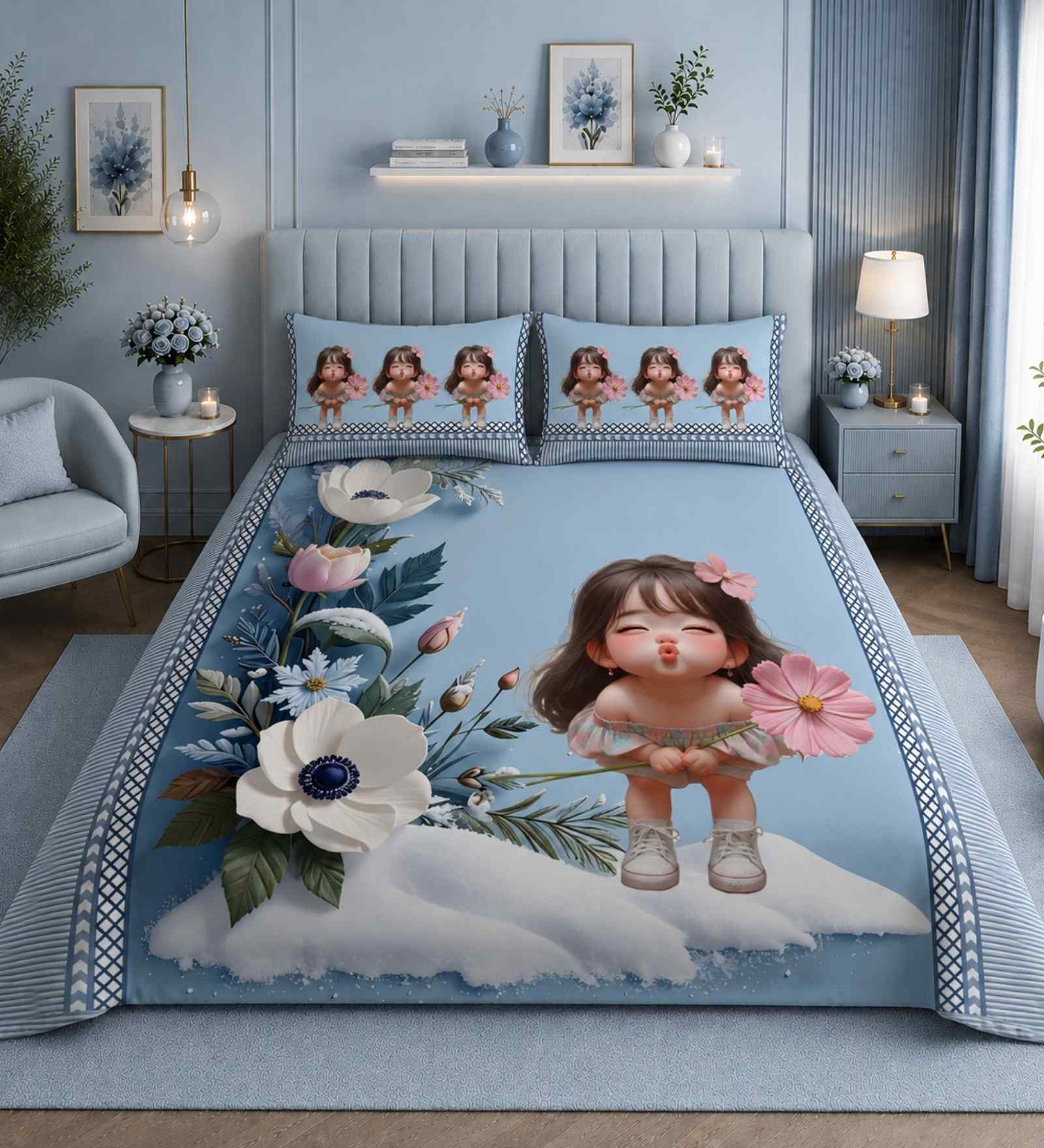 7D Printed Floral Kiss Kids Microfiber Queen Size Double Bedsheet with Pillow Covers