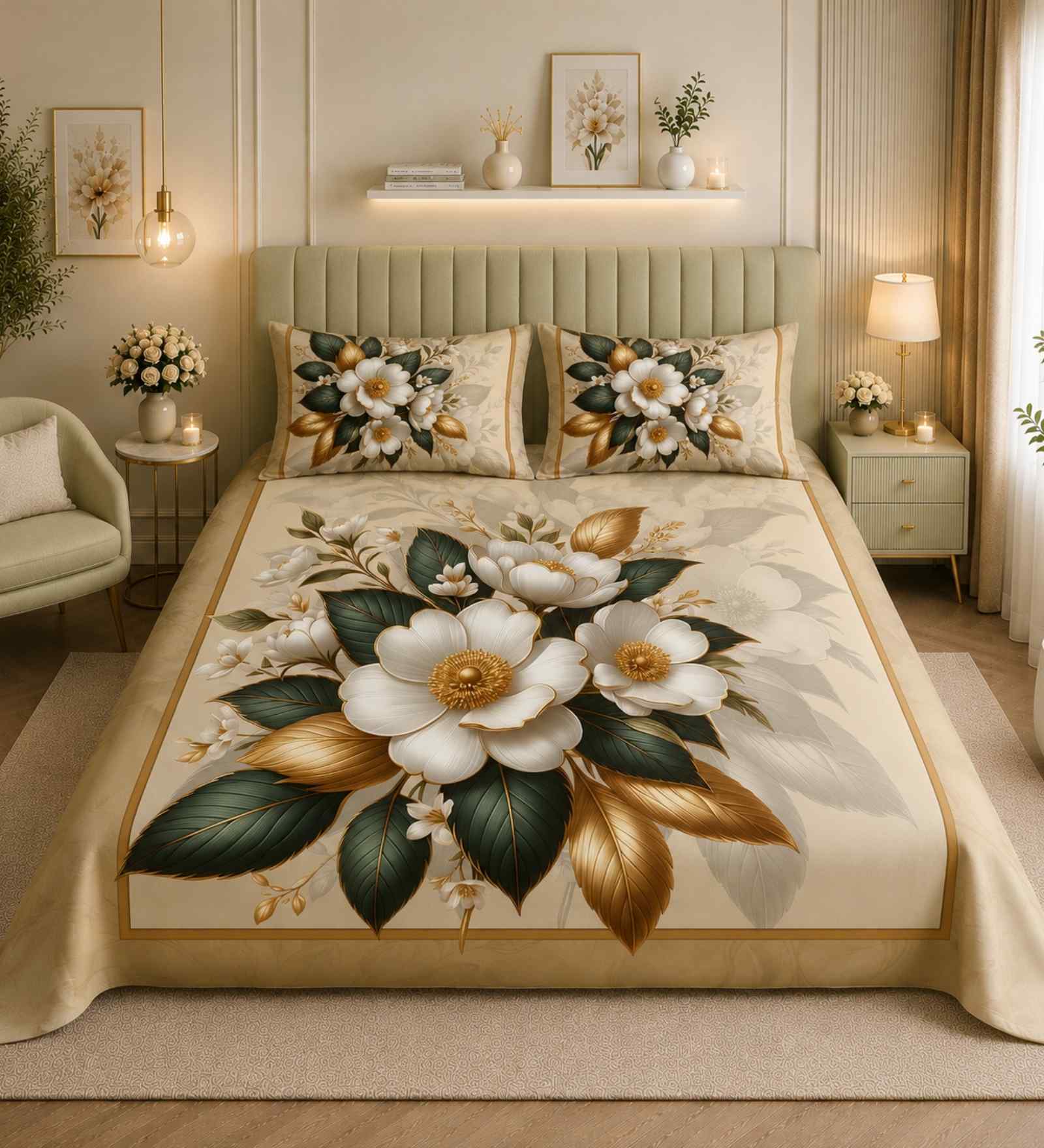 7D Printed Floral Microfiber Queen Size Double Bedsheet with Pillow Covers