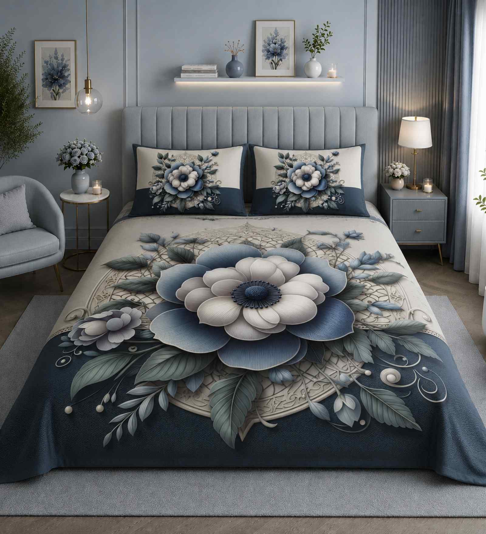 7D Printed Floral Microfiber Queen Size Double Bedsheet with Pillow Covers