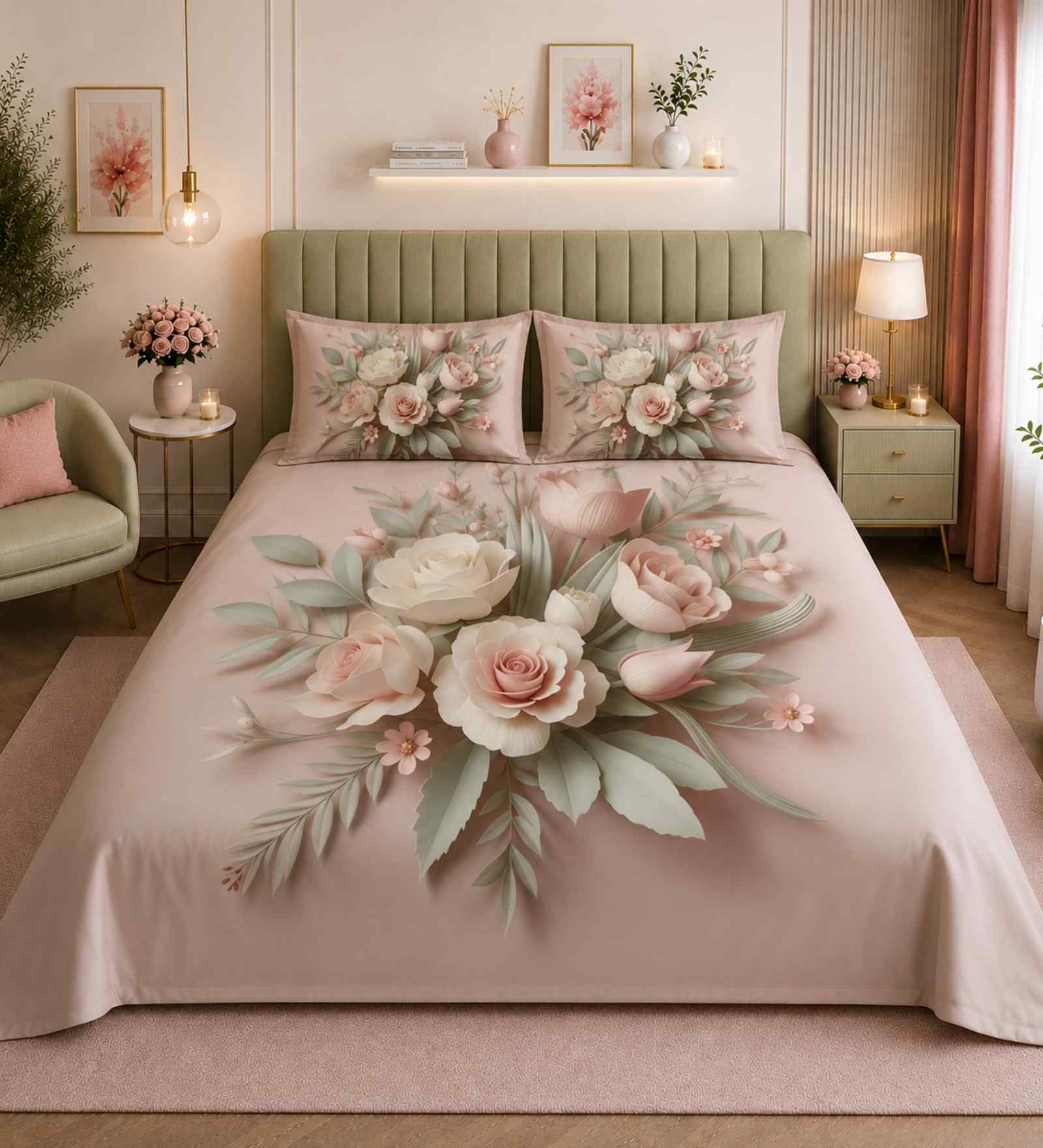 7D Printed Floral Microfiber Queen Size Double Bedsheet with Pillow Covers