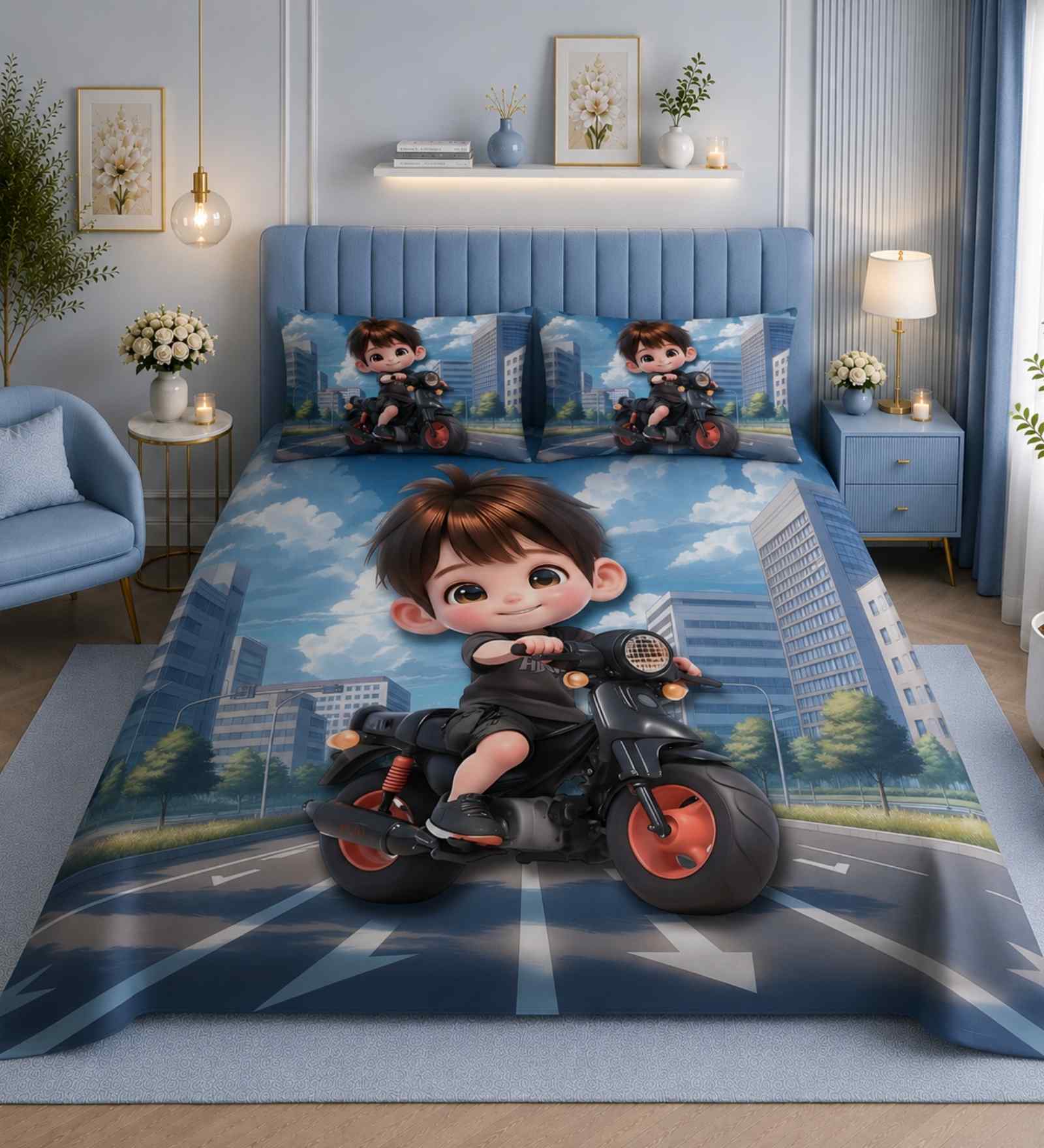 7D Printed Little Biker Microfiber Queen Size Double Bedsheet with Pillow Covers