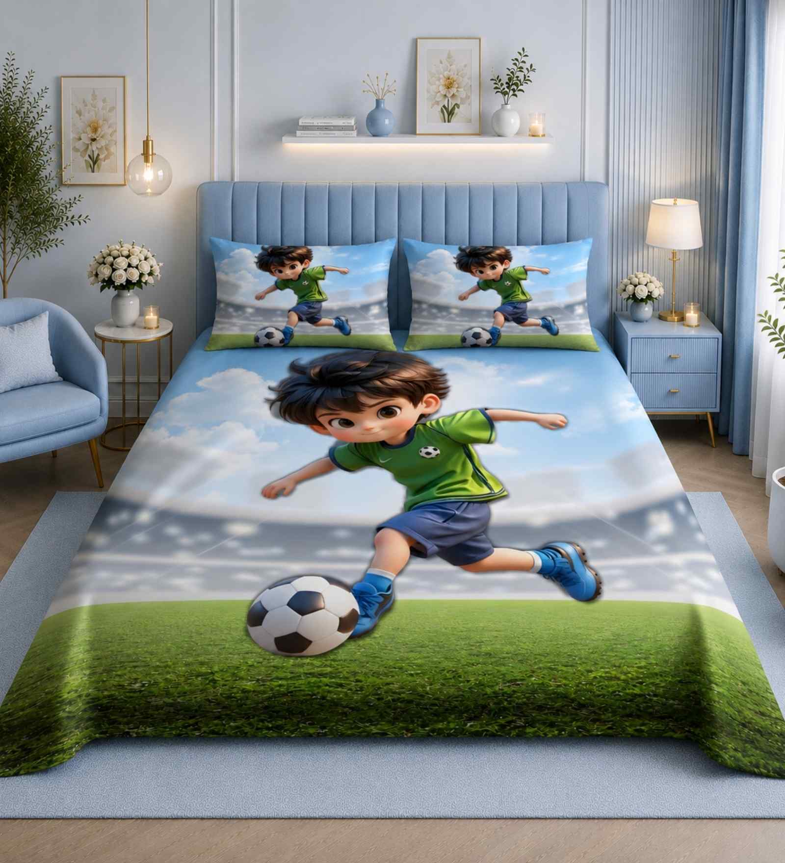 7D Printed Little Football Champion Kids Microfiber Queen Size Double Bedsheet with Pillow Covers