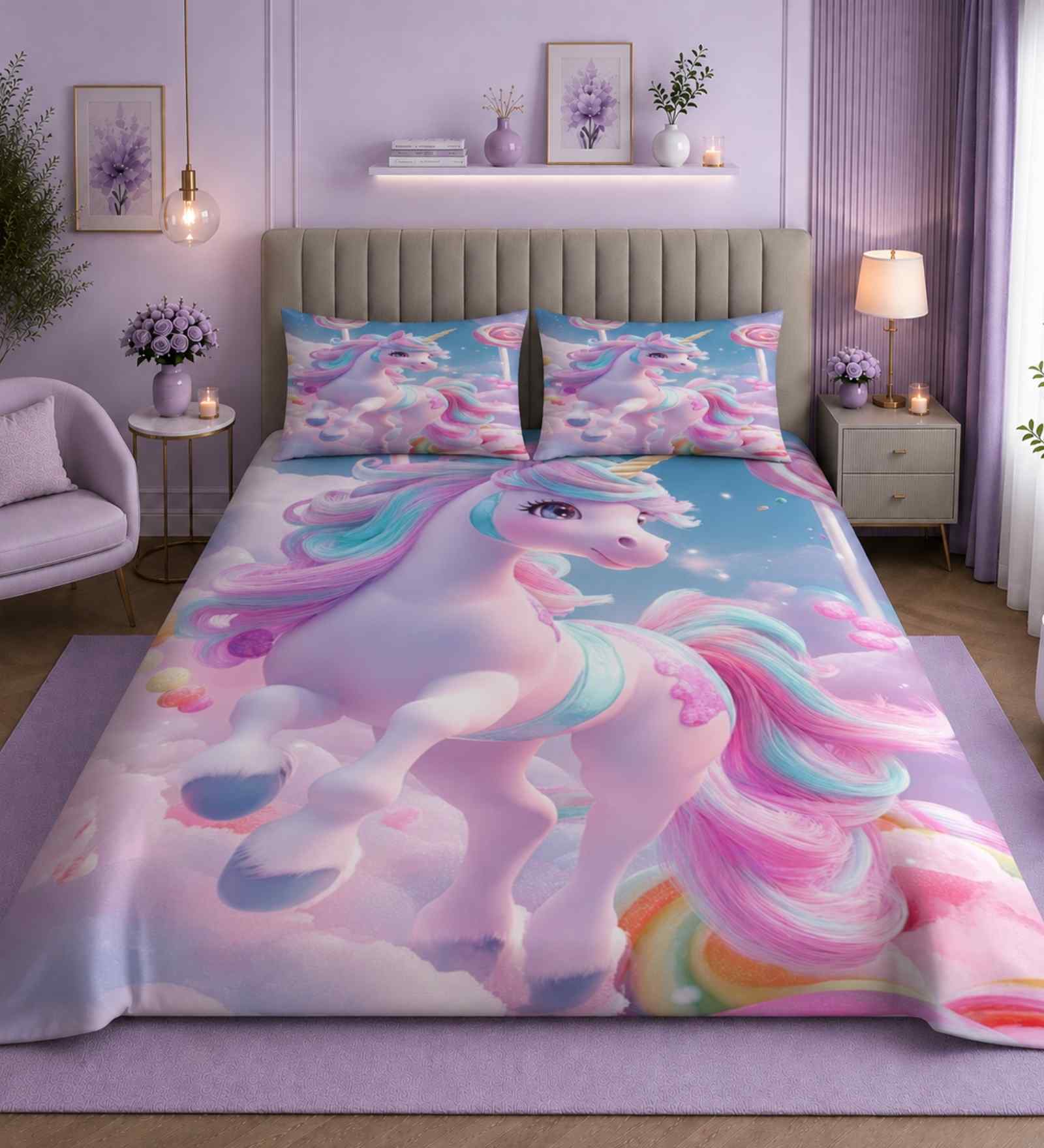 7D Printed Microfiber Queen Size Double Bedsheet with Pillow Covers