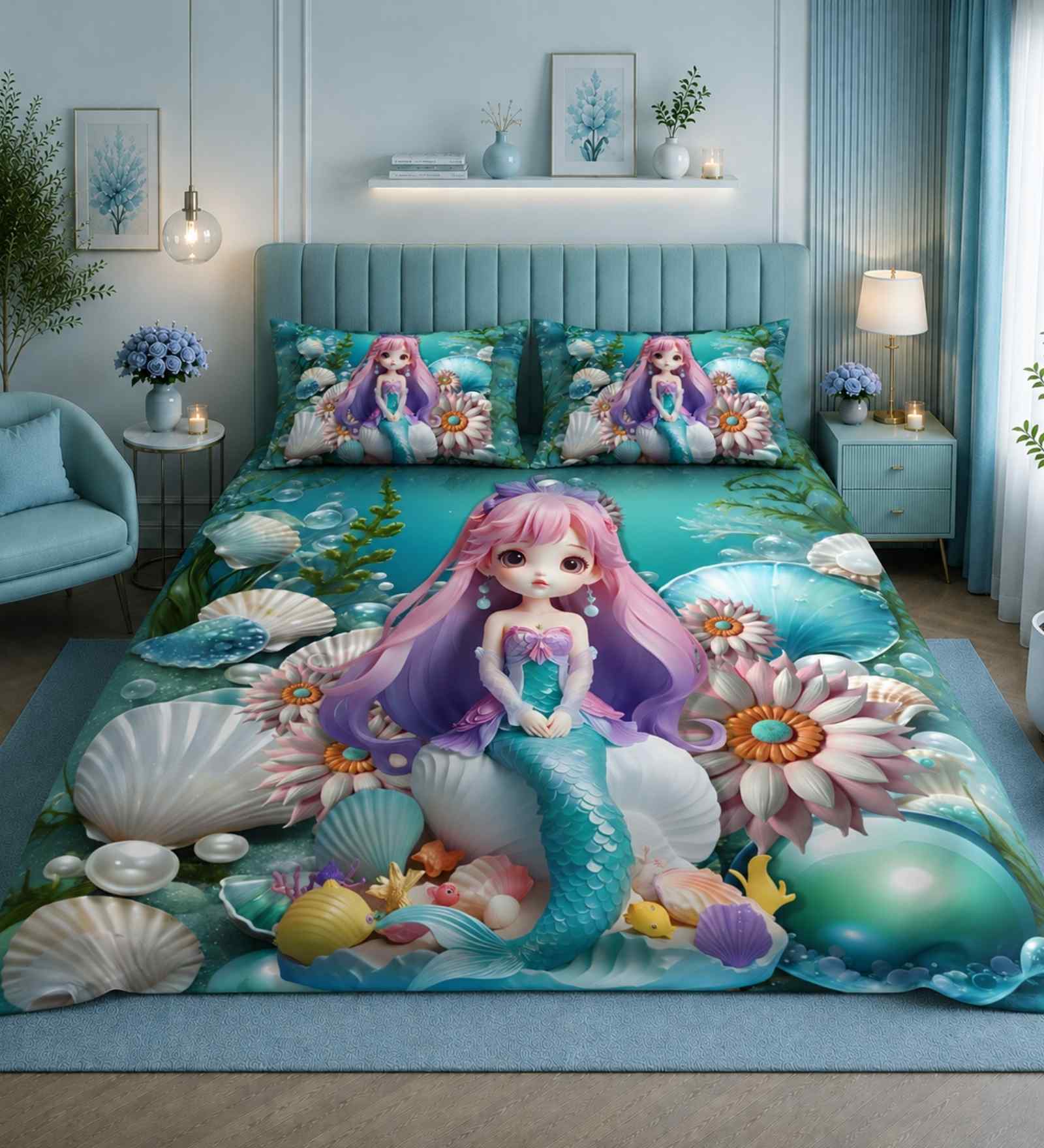 7D Printed Ocean Shells Kids Microfiber Queen Size Double Bedsheet with Pillow Covers