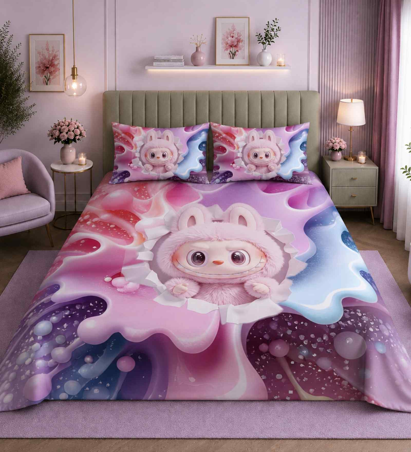 7D Printed Pink Bunny Microfiber Queen Size Double Bedsheet with Pillow Covers