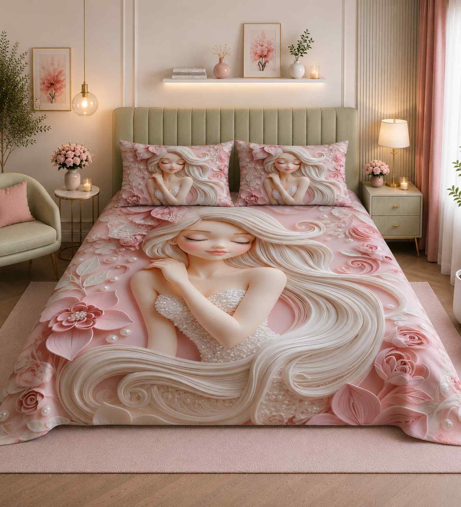 7D Printed Princess Floral Microfiber Queen Size Double Bedsheet with Pillow Covers