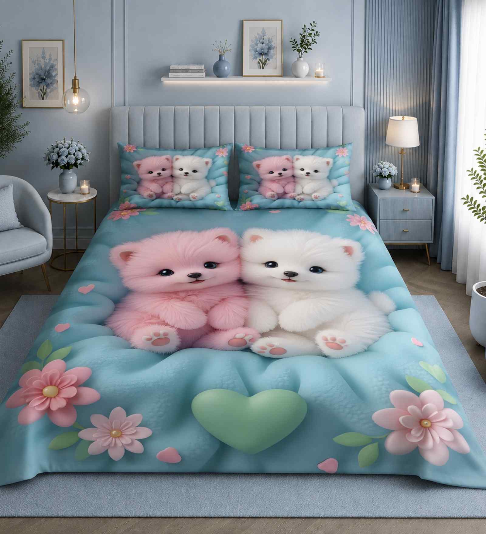 7D Printed Pups Kids Microfiber Queen Size Double Bedsheet with Pillow Covers