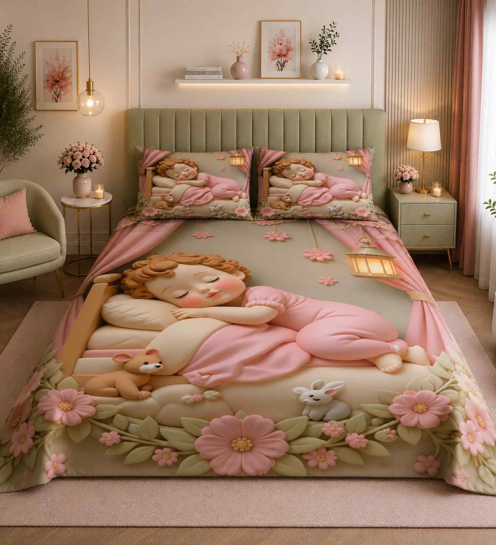 7D Printed Sleeping Doll Microfiber Queen Size Double Bedsheet with Pillow Covers