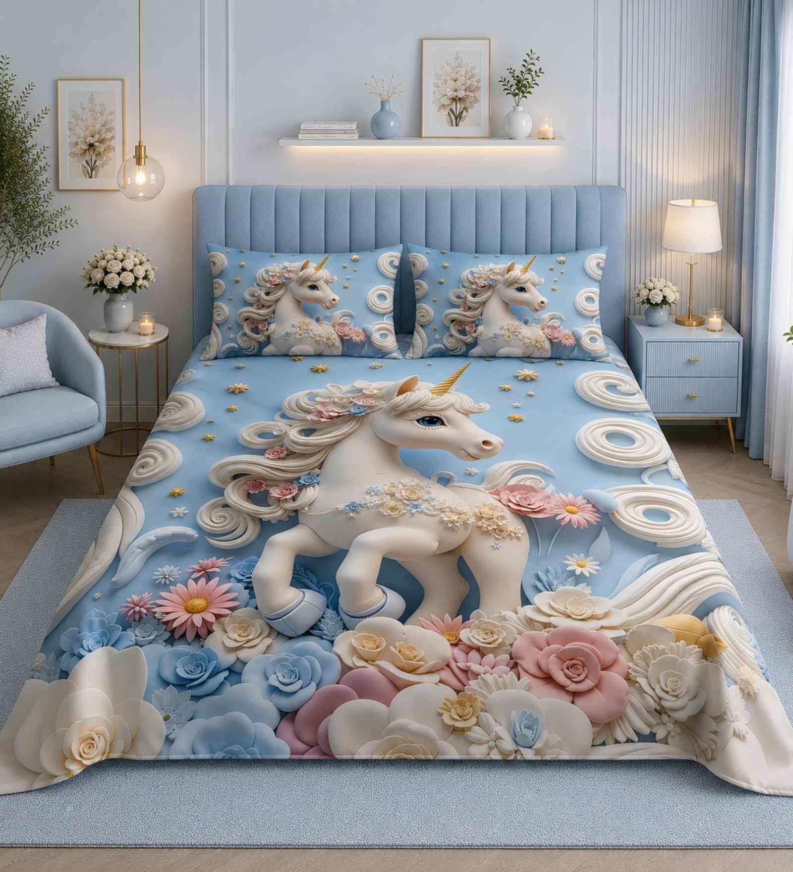 7D Printed Unicorn Microfiber Queen Size Double Bedsheet with Pillow Covers