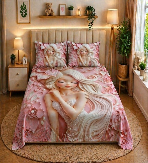 Pink 7D Digital Printed Girl Queen Size Bedsheet Sheet & 2 Pillow Covers
