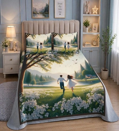 Green 7D Digital Printed Nature Queen Size Bedsheet Sheet Bedsheet with 2 Pillow Covers